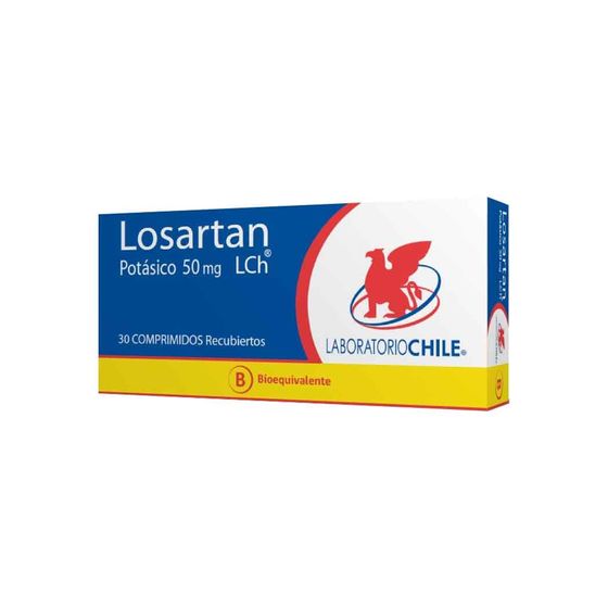 Envase de Losartán, 50 mg · 30 comprimidos recubiertos