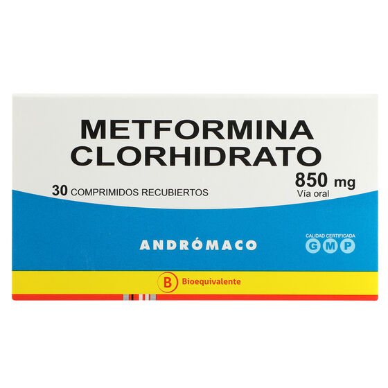 Envase de Metformina, 850 mg · 30 comprimidos recubiertos
